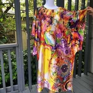 Multicolor Watercolor Abstract Vibrant Print Lounge Cover Up Dress, Free size